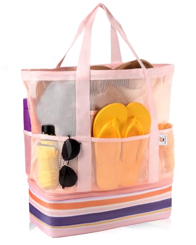 CaCTOUR Beach Bag with Cooler Compartment,Mesh Beach Bag Dry Wet Detachable with Zipper Pockets,Waterproof Sandproof Pool Bag - color: Pink
