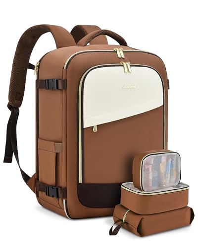 LOVEVOOK Travel Backpack for Women, 40L Carry On Backpack Flight Approved, Large Personal Item Bag Fits 17 inch Laptop, TSA Approved Luggage with 3 Packing Cubes,Waterproof Weekender Gym Essentials - color: Beige-brown, size: 40L