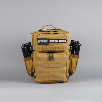 WOLFpak 25L Athletic Gym Backpack (Khaki) Durable 1000D Waterproof Oxford Material with MOLLE Webbing, Laptop Pocket & Dual Cup Holders - color: Khaki