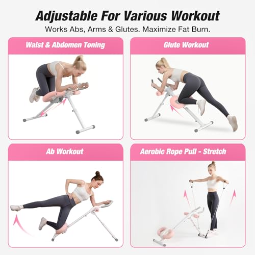 WARMOUNTS Ab Machine, Ab Workout Equipment, Adjustable Core & Ab Trainer Machine with Resistance Bands for Home Gym, Foldable, Knee Protection, Abdominal Exercise Equipment for Stomach Workout (Pink)