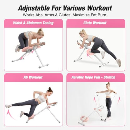 WARMOUNTS Ab Machine, Ab Workout Equipment, Adjustable Core & Ab Trainer Machine with Resistance Bands for Home Gym, Foldable, Knee Protection, Abdominal Exercise Equipment for Stomach Workout (Pink)