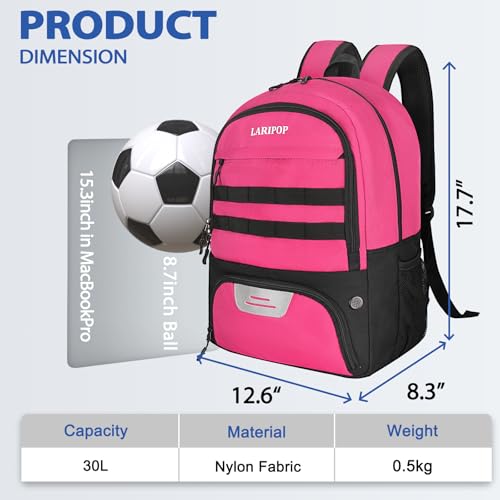 LARIPOP Soccer Backpack with Ball Holder & Shoe Compartment Large Capacity Sports Bag for Training - color: Pink