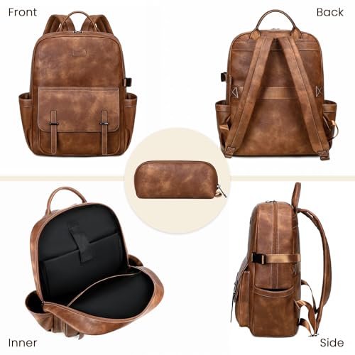 Vegan Leather Laptop Backpack for Women Designer 15.6 Inch PU Laptop Bag, Ladies Travel Computer Work Backpack - color: Brown