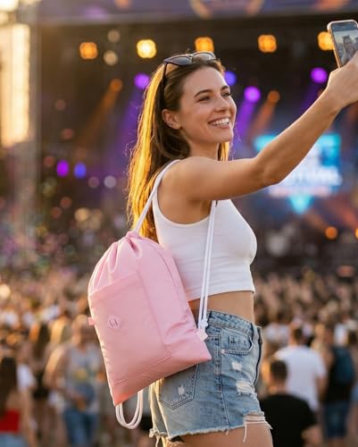 BAVELOE Drawstring Backpack Sports Gym Sackpack with Pockets Water Resistant Cinch String Bag for Women Men（Pink） - color: Pink