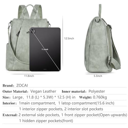 ZOCAI Backpack Purse for Women Medium Anti-Theft Backpacks Purses Design Leather Shoulder Bags with Removable Strap - color: Light Green