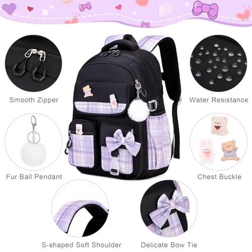 ACESAK Girls Backpack - 3PCS Backpack for Girls Cute School Backpacks for Kindergarten Elementary Preschool Middle Kids School Bags with Lunch Box Pencil Case Set (Black Purple) - color: Black-purple