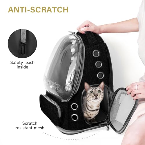 Cawypety Cat Backpack Carrier, Breathable Cat Carrier Large Space Bubble Pet Backpack for Kitty Small Dog up to 12lbs, Transparent & Foldable Pet Carrier for Travel Hiking (Black - color: Black