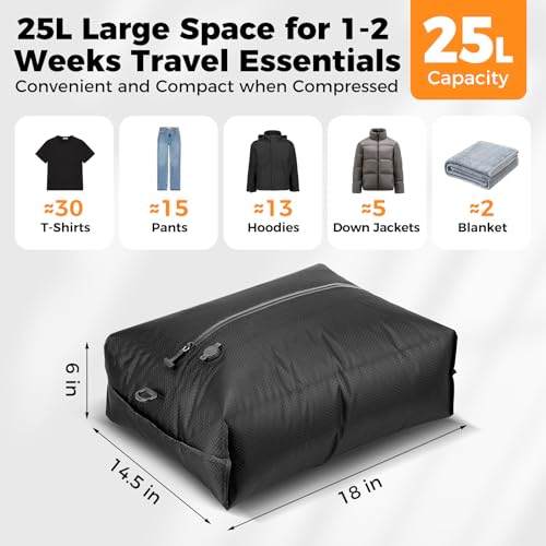 HONKID Travel Vacuum Bags with Pump 25L Compression Packing Cubes for Carry On Suitcases Backpack Luggage Odor & Waterproof Anti-Rip Reusable Vacuum Seal Bags for Clothing Travel Essentials - 3 Pack