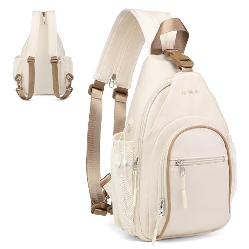 Crossbody Sling Bag with Water Bottle Holder, 8.3" Convertible Small Backpack Anti Theft Daypack, Chest Fanny Pack for Men Women, Beige - color: Beige