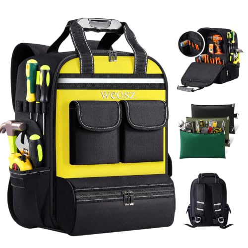 Tool Backpack for Men 18 Inch Heavy Duty Waterproof Multiple Pockets with 3 Tool Pouches Tool Bag Organizer with Shoulder for Electrician Mechanics HVAC Engineer (Yellow) - color: Yellow
