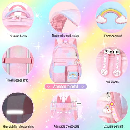 Jcobvig 3Pcs Kids Backpack For Girls,Cute Rainbow Student School Backpack With Lunch Bag Pen Bag Set (Blue Medium 16.5in - color: Blue, size: Medium