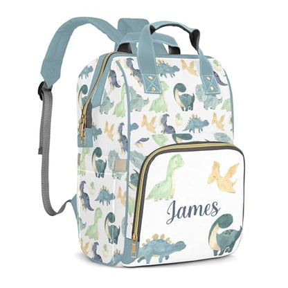 Dinosaur Personalized Name Nappy Bag Large Capacity Baby Diaper Bags, Color Green Monogram Daypack Custom Name Backpack Casual Daypack Bag Gifts for Nephew Son Grandson - color: Green Dinosaur 01