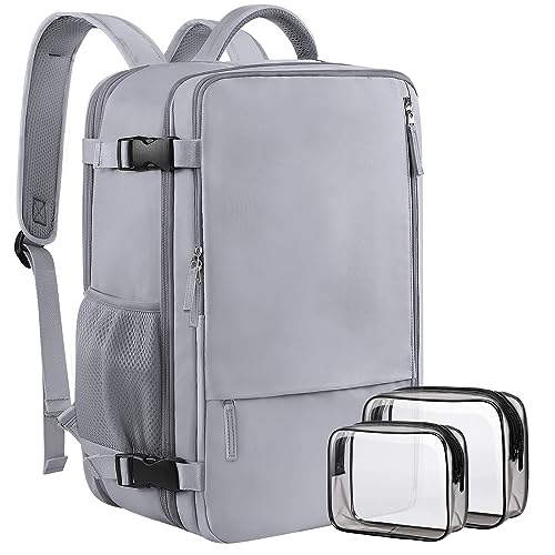 Sinaliy Travel Backpack for Women & Men, 40L Carry-On, 17-Inch Laptop, Waterproof, College Bookbag, Flight Approved - color: Grey