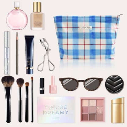 Wudygirl Makeup Bag Canvas Cosmetic Bag for Women Aesthetic Makeup Organizer Travel Makeup Pouch Toiletry Bag Pouches for Purse Cute Zipper Pouch Handbag (Blue White Line) - color: BLWH Line