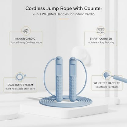 2-in-1 Cordless Jump Rope with Digital Counter, Adjustable Steel Wire & Weighted Handles for Indoor Cardio Fitness