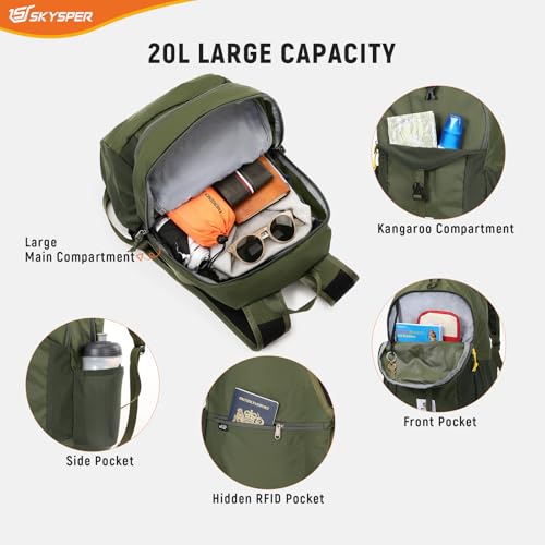 SKYSPER Small Hiking Backpack for Men Women 20L RFID Packable Daypack Ultralight Foldable Back Pack Lightweight Collapsible Travel Day Pack - color: Armygreen