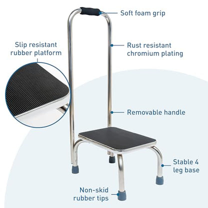 BodyMed Heavy-Duty Foot Step Stool with Handle and Non-Slip Rubber Platform for Seniors & Adults – Holds up to 300lbs, 9 ½ in. Step Up, 18”L x 11.5”W x 34”H - color: Chrome With Handle