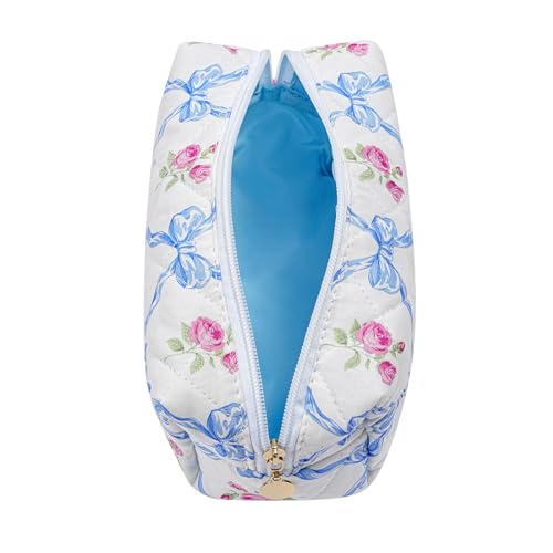 Cute Floral Makeup Bag Small Cotton Quilted Cosmetic Bag, Aesthetic Essential Bag Emergency Bag Gift for Women Girls Travel Accessories (Blue Bowknot Rose) - color: A7 Blue Bowknot Rose