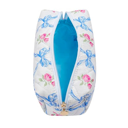 Cute Floral Makeup Bag Small Cotton Quilted Cosmetic Bag, Aesthetic Essential Bag Emergency Bag Gift for Women Girls Travel Accessories (Blue Bowknot Rose) - color: A7 Blue Bowknot Rose