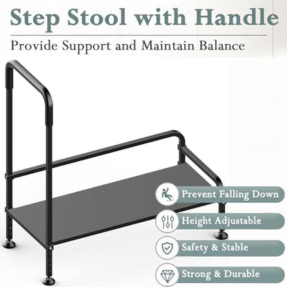 Seniors Assist Step Stool with Support Handrail, Non-Slip Platform, Height Adjustable, Multi-Purpose Household Mobility Foot Stool(Pure Black) - color: Pure Black
