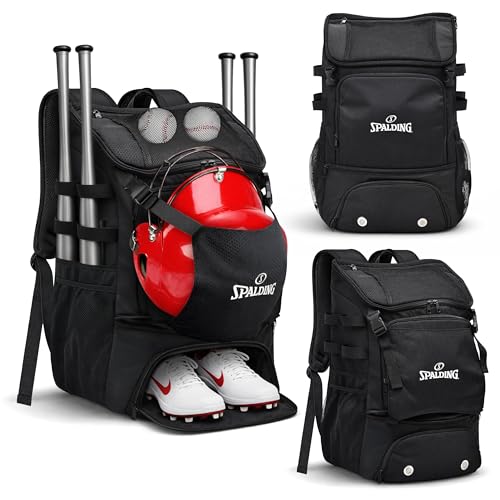 Spalding Baseball Backpack Baseball Bag | Youth & Adult Large Black Backpack with Compartment for Tball Softball Sports Gear | Fits Bat Glove Shoes Ball Helmet | Waterproof Adult Bat Bag Softball Gift