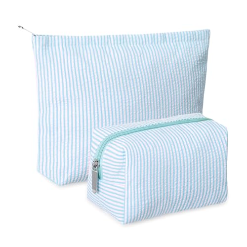 Huhumy 2 Pcs Makeup Bag Set Cute Cosmetic Pouch for Women Seersucker Travel Toiletry Bag Preppy Small Makeup Purse Pouch Aesthetic Skincare Brushes Storage Organizer for Valentine Women(Light Blue) - color: Light Blue, style: Thin Striped Seersucker