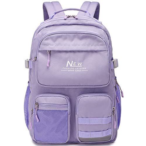 Water Resistant Backpack for Teen Girls Students, Casual Multi Pockets Daypack with 15.6 inch Laptop pocket for Travel School College (Purple) - color: Purple With Embroidery