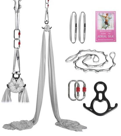 Aerial Silks Kit & Aerial Yoga Hammock - 11Yd Premium Fabric with Hardware - Easy Setup for Flying Yoga, Aerial Swing & Fitness - Supports Up to 14ft Rigging - color: Silver
