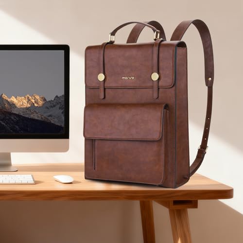 MOSISO Trendy Leather Backpack Purse for Women Men, 15.6-16 inch Laptop Backpack Waterproof Stylish Large Capacity Casual Daypack Bag for Work Business College Travel, Brown