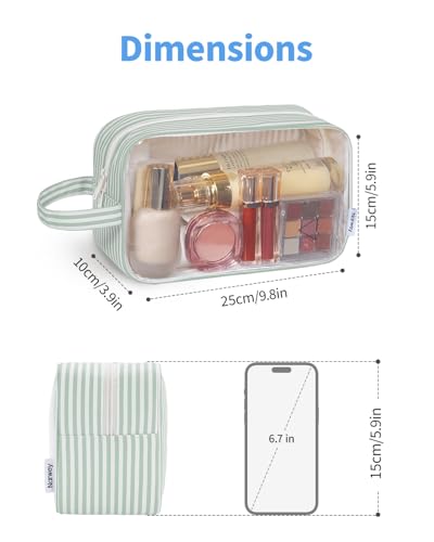 Narwey Clear Toiletry Bags for Traveling Women Men, Clear Travel Bags for Toiletries Makeup Bag Cosmetic Bag with Zipper, Make Up Organizer, Skincare Bag (Mint Green Stripe) - color: YB-Mint Green Stripe