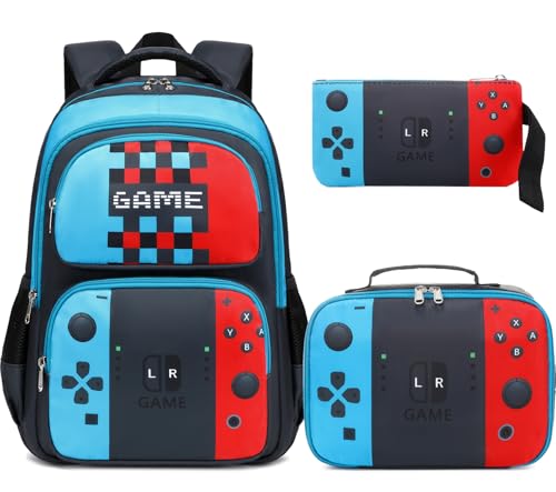 JIANYA School Backpack for Boys and Girls Elementary Children's School Bag Kids Backpack with Lunch Box - color: Gamer/ Blue