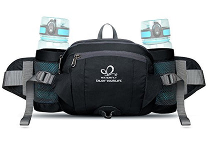 WATERFLY Fanny Pack Waist Bag: Fannie Pack 2 Water Bottle Holders Lumbar Belt Hiking Walking Running Jogging Camping Large Woman Man (Bottle Not Included) - color: Black
