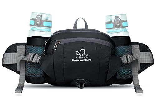 WATERFLY Fanny Pack Waist Bag: Fannie Pack 2 Water Bottle Holders Lumbar Belt Hiking Walking Running Jogging Camping Large Woman Man (Bottle Not Included) - color: Black