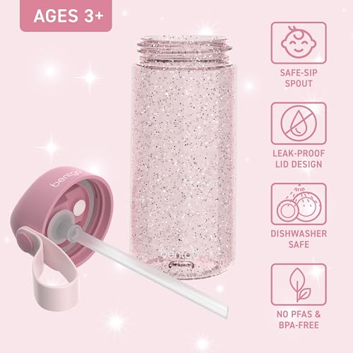 Bentgo Kids Water Bottle - Leak-Proof, Durable Tritan PFAS- & BPA-Free 15 fl oz, Kids/Toddlers Ages 3+ for School & Sports; Bite & Sip Spout, Carrying Handle, Dishwasher Safe (Petal Pink - Glitter) - color: Petal Pink