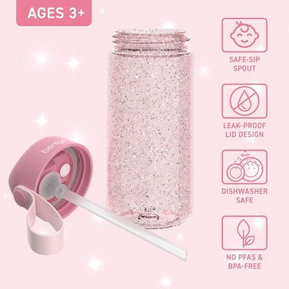 Bentgo Kids Water Bottle - Leak-Proof, Durable Tritan PFAS- & BPA-Free 15 fl oz, Kids/Toddlers Ages 3+ for School & Sports; Bite & Sip Spout, Carrying Handle, Dishwasher Safe (Petal Pink - Glitter) - color: Petal Pink