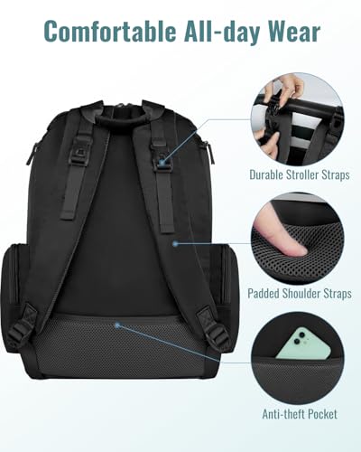 Mancro Diaper Bag Backpack, Extra Large Capacity Baby Diaper Backpack with 2 Insulated Pockets and Stroller Strap, Water Resistant Mens Diaper Bag for Travel，Black - color: Black, size: X-Large