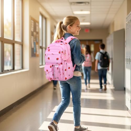 Girls Backpack Set with Lunch Box & Pencil Case, Floral Print Girls School Backpack for Elementary/Middle/High School (Pink-Strawberry) - color: Pink-strawberry