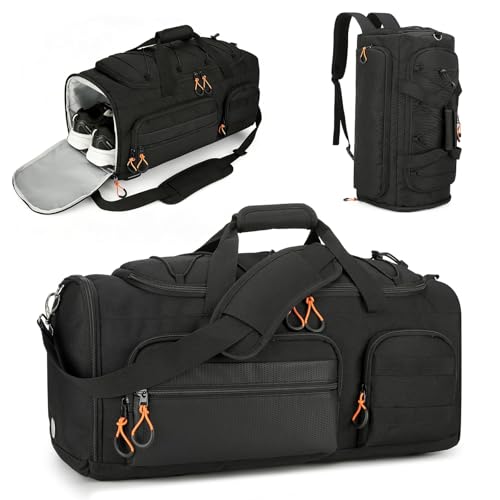 Searock 45L Gym Bag for Men, 3-In-1 Duffle Bag Backpack for Travel, Sports Duffel Bags for Gym Workout, Weekender Overnight Bag with Shoe Compartment, Wet Pocket, Black - color: Black