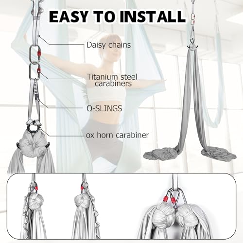 Aerial Silks Kit & Aerial Yoga Hammock - 11Yd Premium Fabric with Hardware - Easy Setup for Flying Yoga, Aerial Swing & Fitness - Supports Up to 14ft Rigging - color: Silver
