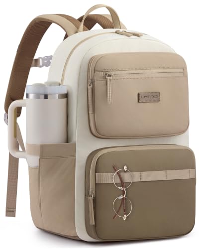 LOVEVOOK Laptop Backpack for Women, School Backpack for Teen Girls with Large Cup Holder, Lightweight Bookbag for College,Work,Travel fits 15.6 Inch Laptop,Beige-Khaki - color: Beige-khaki-a, size: 15.6 Inch