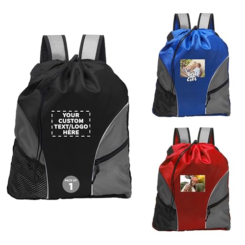 DISCOUNT PROMOS Custom Sporter Drawstring Backpacks Set of 1, Personalized Text, Logo, and Image - Cinch Bag, Gym Bag, Travel Backpack, Compact and Lightweight, Unisex Backpack - Black - color: - Custom - Black, size: 1 drawstring bag