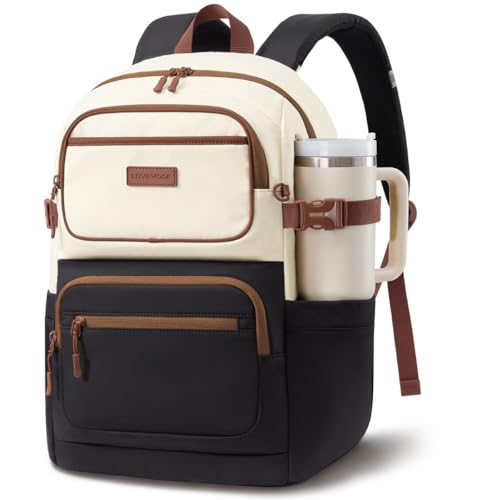 LOVEVOOK School Backpack for Teen Girls & College Students, Large Capacity Laptop Backpack with Water Bottle Holder, Lightweight Bookbag for School, Travel & Everyday Use, Black-White-Brown - color: Black-white-brown, size: 15.6 inch
