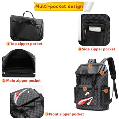 Leather laptop backpack, PU leather backpack Men Women, casual backpack, water-resistant, for daily commuting, work travel (Black-L) - color: Black-02