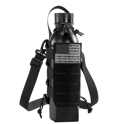Tactical MOLLE Pouch Water Bottle Holder with Shoulder Strap Modular Bag for Outdoor Hiking Camping Hunting Fishing Airsoft - color: Black