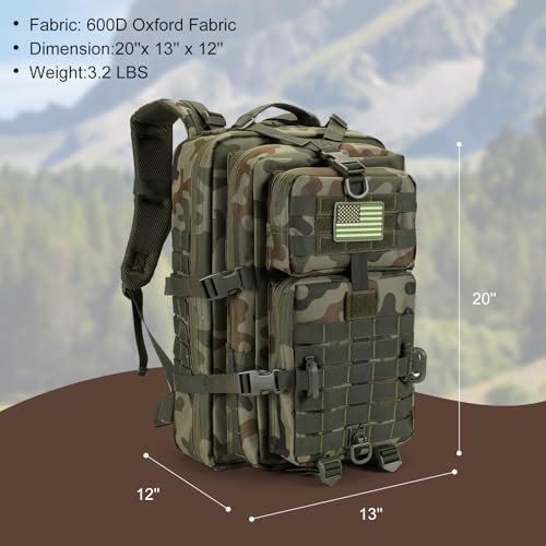 Hannibal Tactical MOLLE Assault Backpack, Tactical Backpack Military Army Camping Rucksack, 3-Day Pack Trip w/USA Flag Patch, D-Rings, Polish Camo - color: Polish Camo