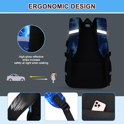 3PCS School Backpack for Boys, Cool Gamer Boys Backpack with Lunch Box and Pencil Case for Kids Kindergarten Teens Elementary Middle School Bag with Convenient Charging Port,Gaming Bookbag Waterproof - color: Blue Lightning