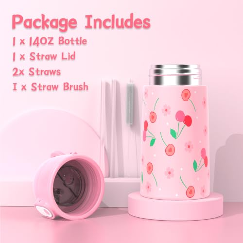Kids Backpack for Girls 5-8, 4PCS Toddler Backpack with 13oz Kids Insulated Water Bottle, Lunch Box and Pencil Case, Girls Bookbag Schoolbag for Primary Kindergarten Elementary School - color: Pink Red Cherry