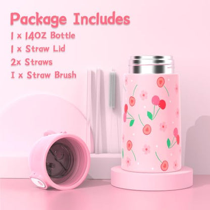 Kids Backpack for Girls 5-8, 4PCS Toddler Backpack with 13oz Kids Insulated Water Bottle, Lunch Box and Pencil Case, Girls Bookbag Schoolbag for Primary Kindergarten Elementary School - color: Pink Red Cherry