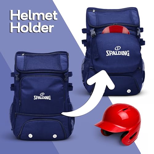 Spalding Baseball Backpack Baseball Bag | Youth & Adult Large Navy Backpack with Compartment for Tball Softball Sports Gear | Fits Bat Glove Shoes Ball Helmet | Waterproof Adult Bat Bag Softball Gift