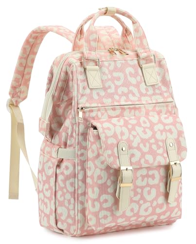 Laptop Backpacks for Women, Corduroy High School College Bookbag 15.6 Inch Laptop Bags for Teen Girls Work Travel Daypack (Leopard Pink) - color: Leopard Pink